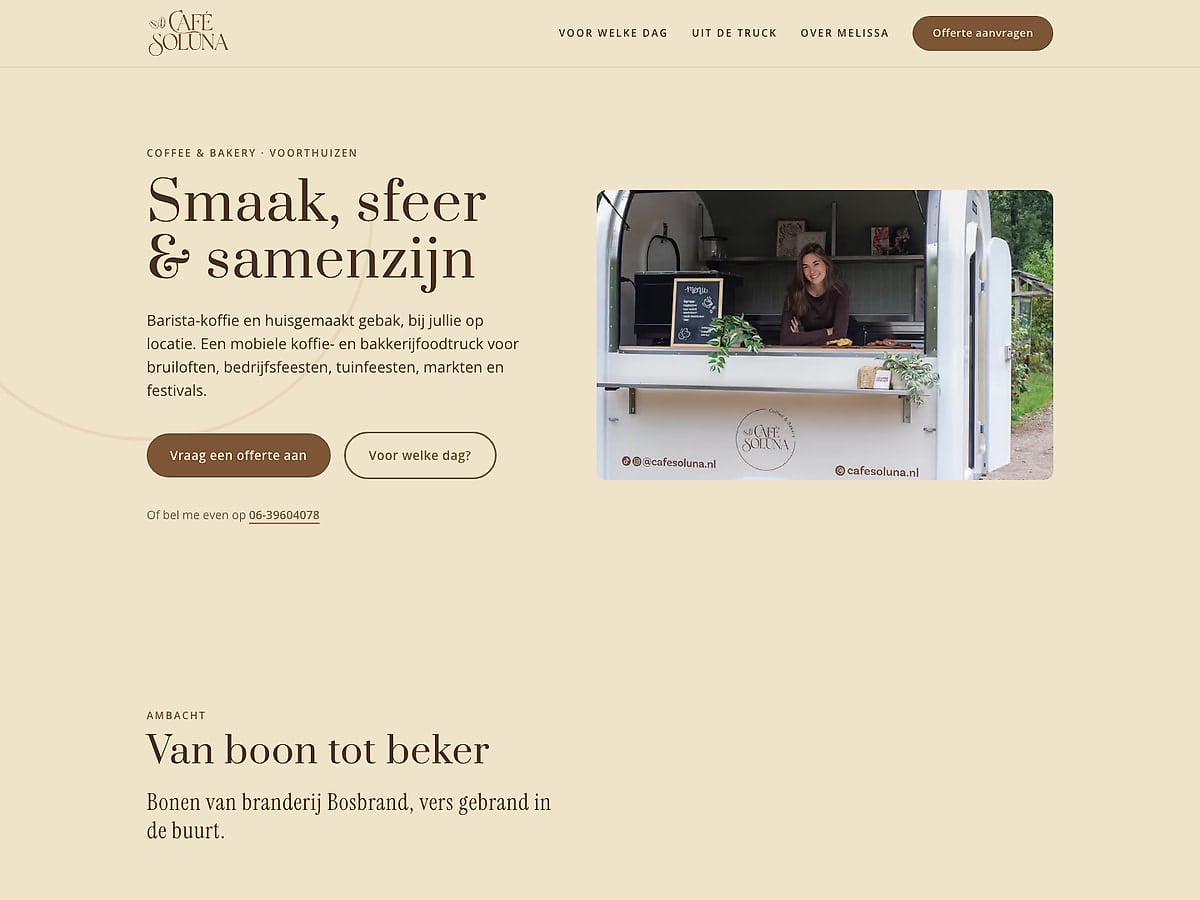 Screenshot van de website van Café Soluna