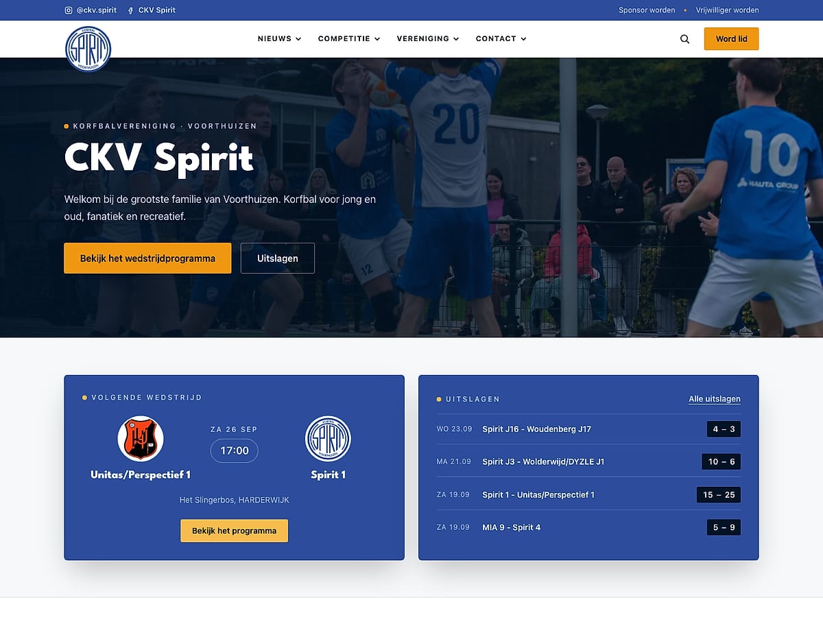 Screenshot van de website van CKV Spirit